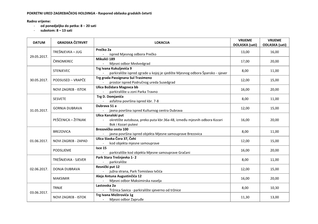 POKRETNI URED ZAGREBAČKOG HOLDINGA - Raspored Obilaska Gradskih Četvrti