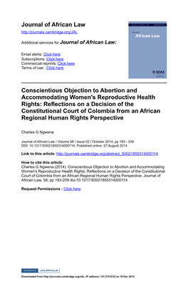Journal of African Law Conscientious Objection to Abortion
