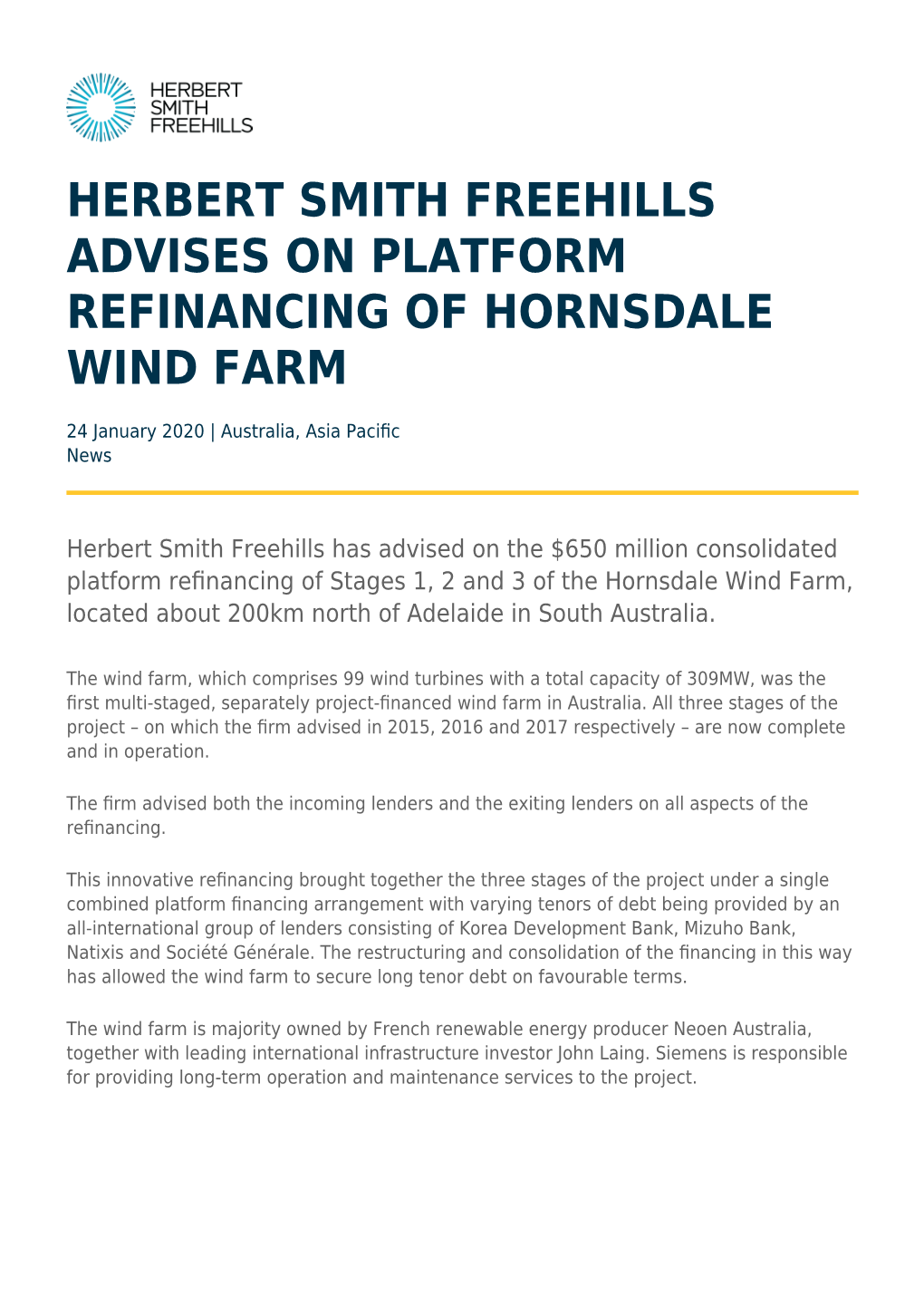 Herbert Smith Freehills Advises on Platform Refinancing of Hornsdale Wind Farm