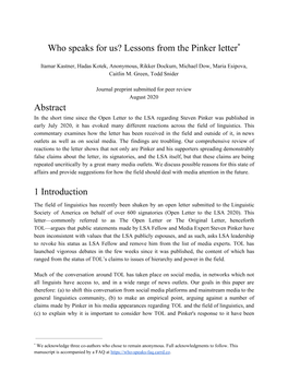 Who Speaks for Us? Lessons from the Pinker Letter​* Abstract 1 Introduction