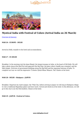 Mystical India with Festival of Colors (Arrival India on 26 March)