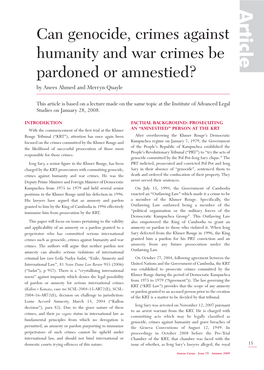 Can Genocide, Crimes Against Humanity and War Crimes Be Pardoned Or Amnestied? by Anees Ahmed and Merryn Quayle