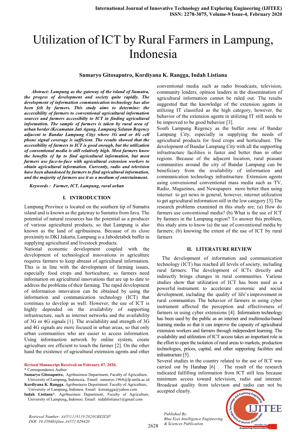 Utilization of ICT by Rural Farmers in Lampung, Indonesia