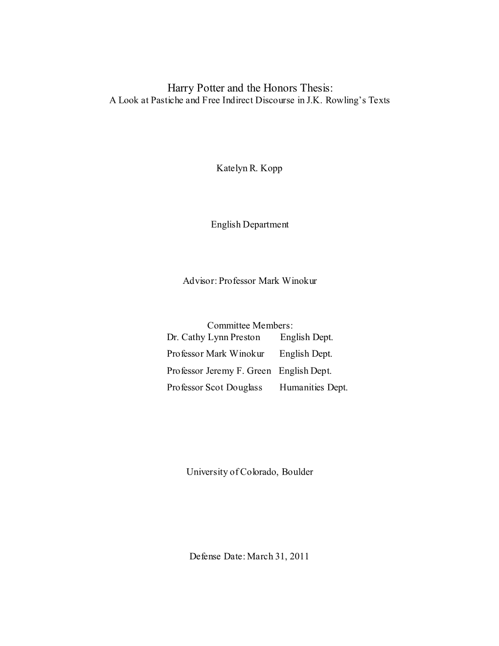 phd thesis on harry potter