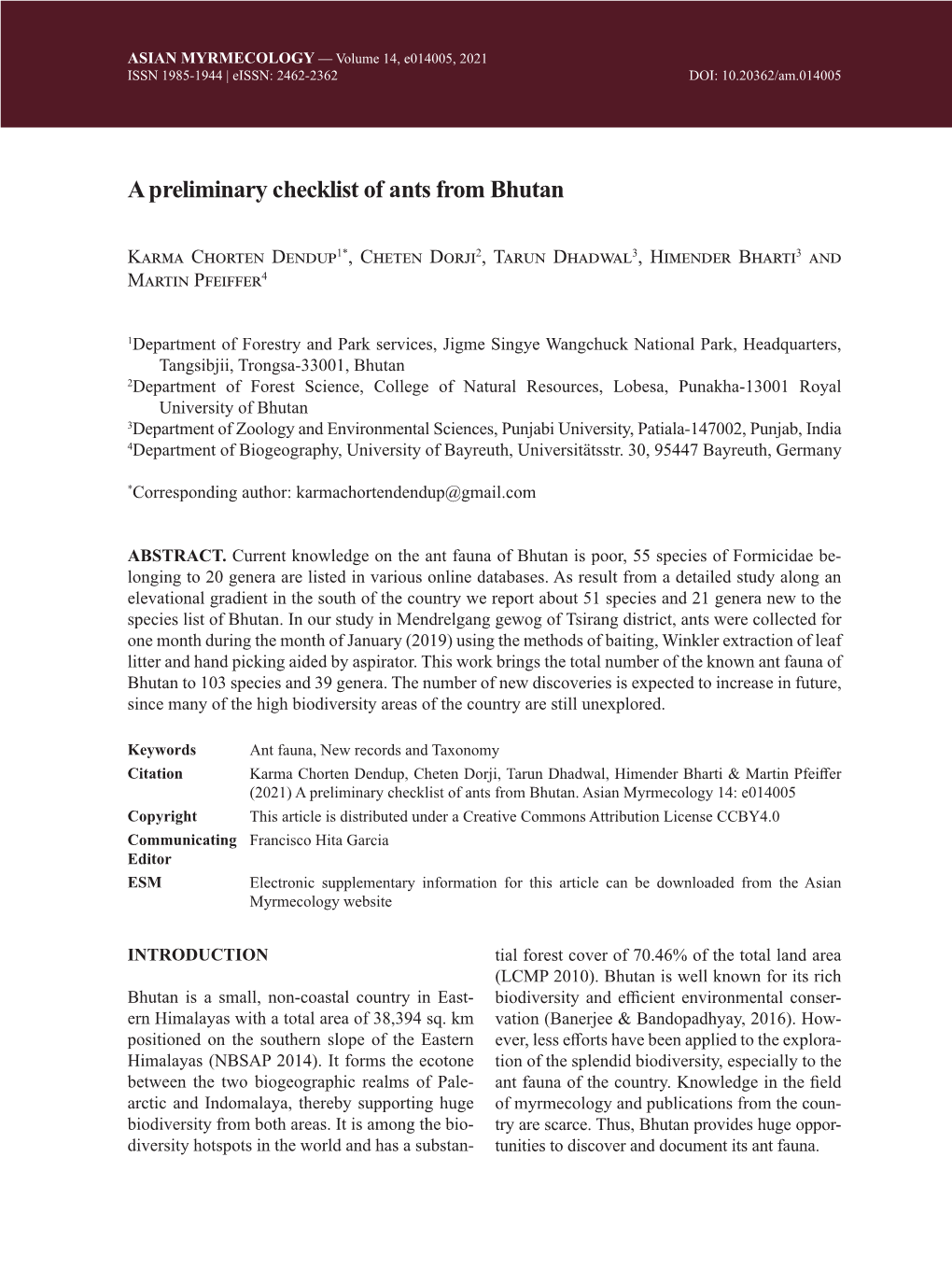 A Preliminary Checklist of Ants from Bhutan