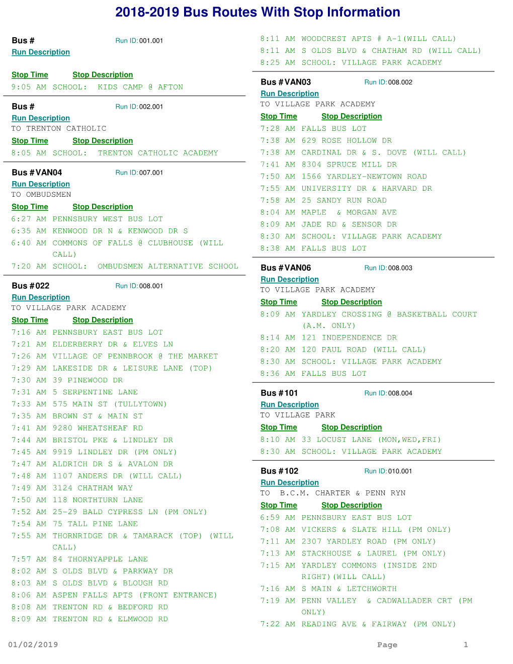 2018-2019 Bus Routes with Stop Information