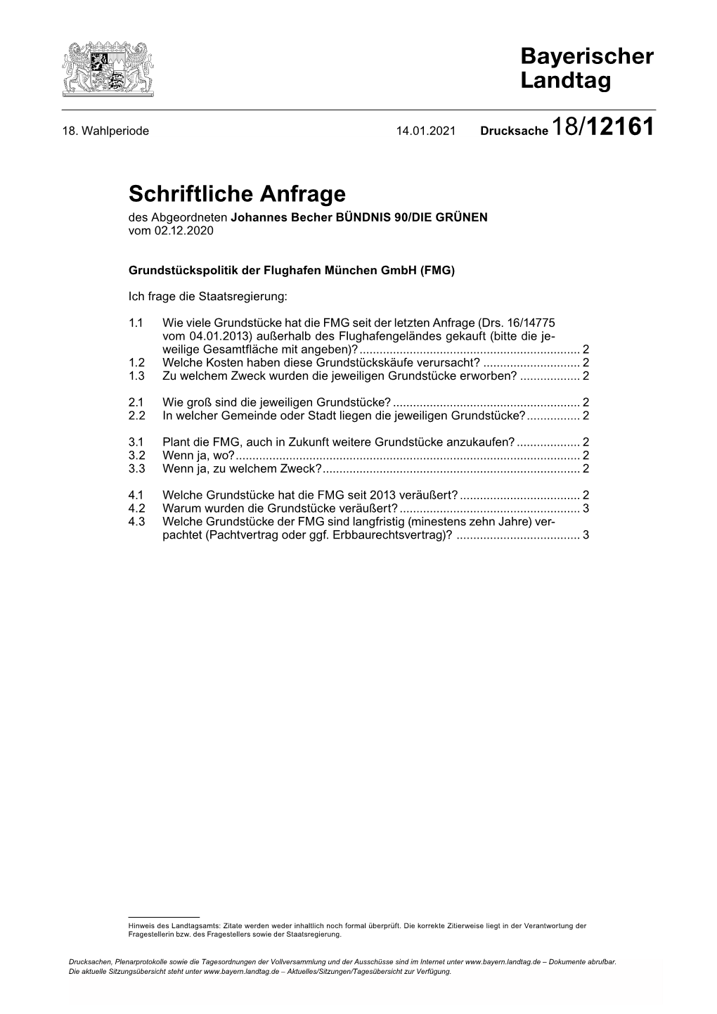 Schriftliche Anfrage Des Abgeordneten Johannes Becher BÜNDNIS 90/DIE GRÜNEN Vom 02.12.2020