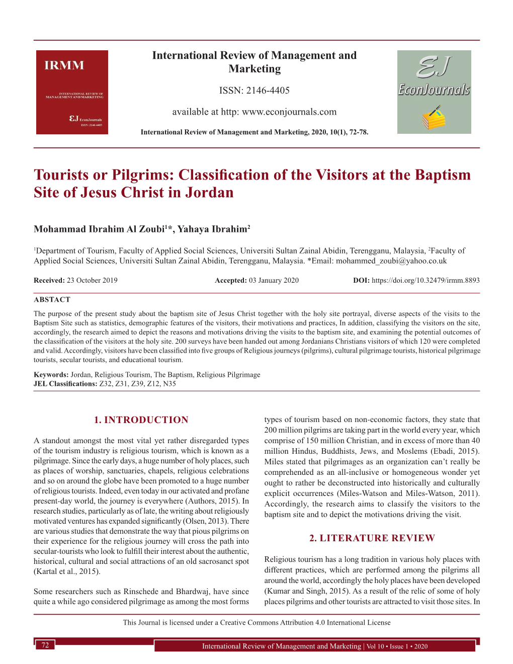 Tourists Or Pilgrims: Classification of the Visitors at the Baptism Site of Jesus Christ in Jordan