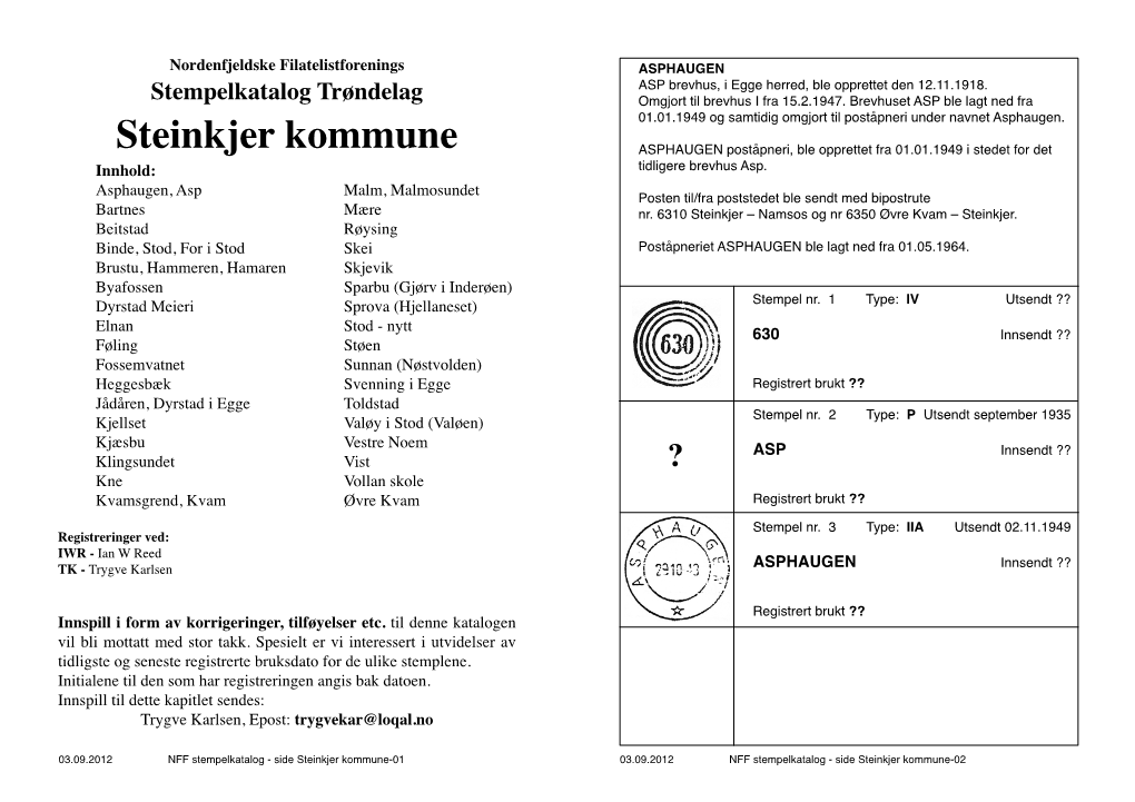 Steinkjer Kommune ASPHAUGEN Poståpneri, Ble Opprettet Fra 01.01.1949 I Stedet for Det Innhold: Tidligere Brevhus Asp