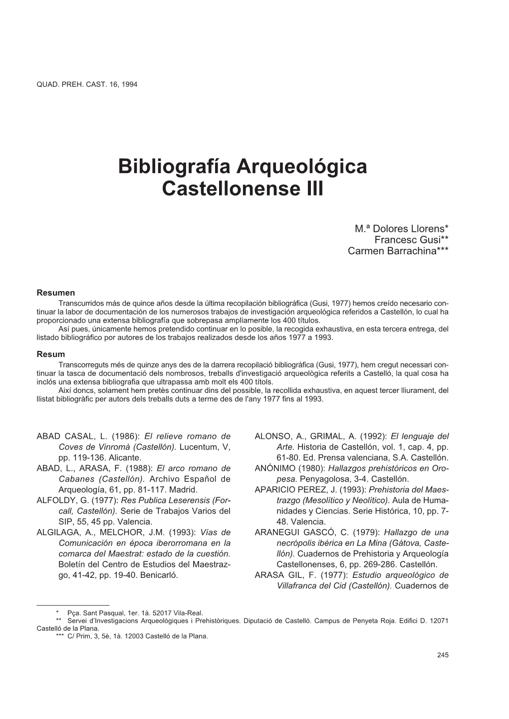 Bibliografía Arqueológica Castellonense III