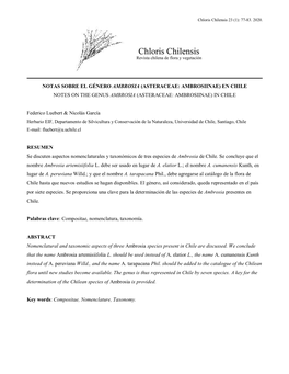 Notas Sobre El Género Ambrosia (Asteraceae: Ambrosiinae) En Chile Notes on the Genus Ambrosia (Asteraceae: Ambrosiinae) in Chile