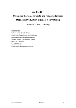 Magnetite Production at Ernest Henry Mining