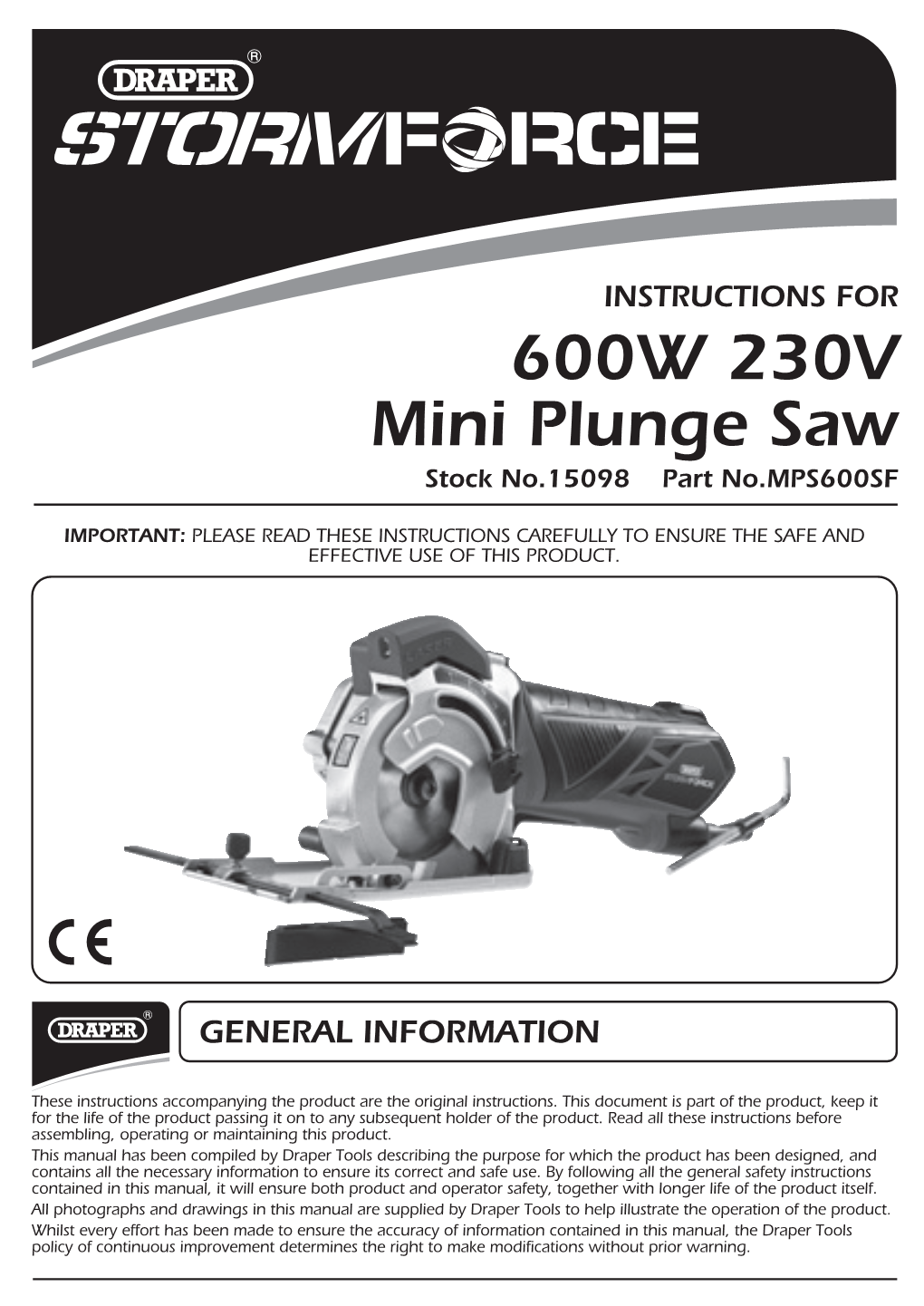 600W 230V Mini Plunge Saw Stock No.15098 Part No.MPS600SF