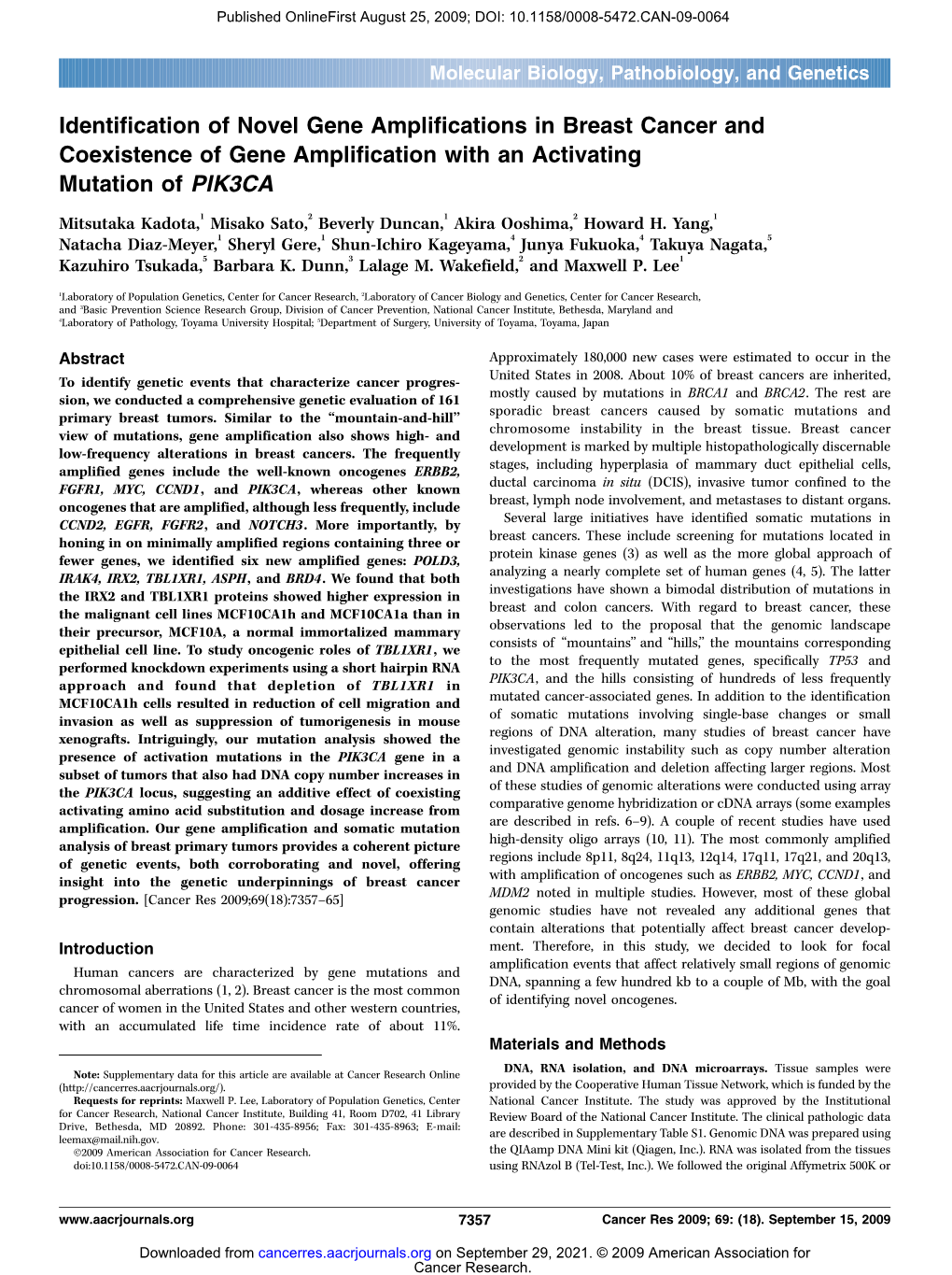 Identification of Novel Gene Amplifications in Breast Cancer and Coexistence of Gene Amplification with an Activating Mutation of PIK3CA