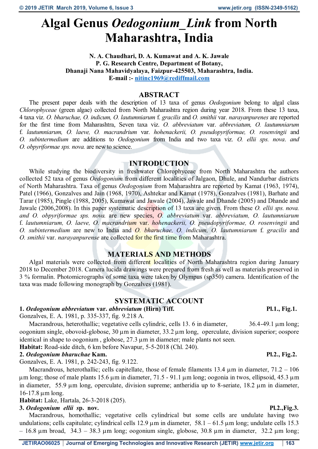 Algal Genus Oedogonium Link from North Maharashtra, India