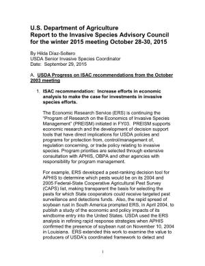 US Department of Agriculture Report to the Invasive Species Advisory Council for the Winter 2015 Meeting October 28-30, 2015
