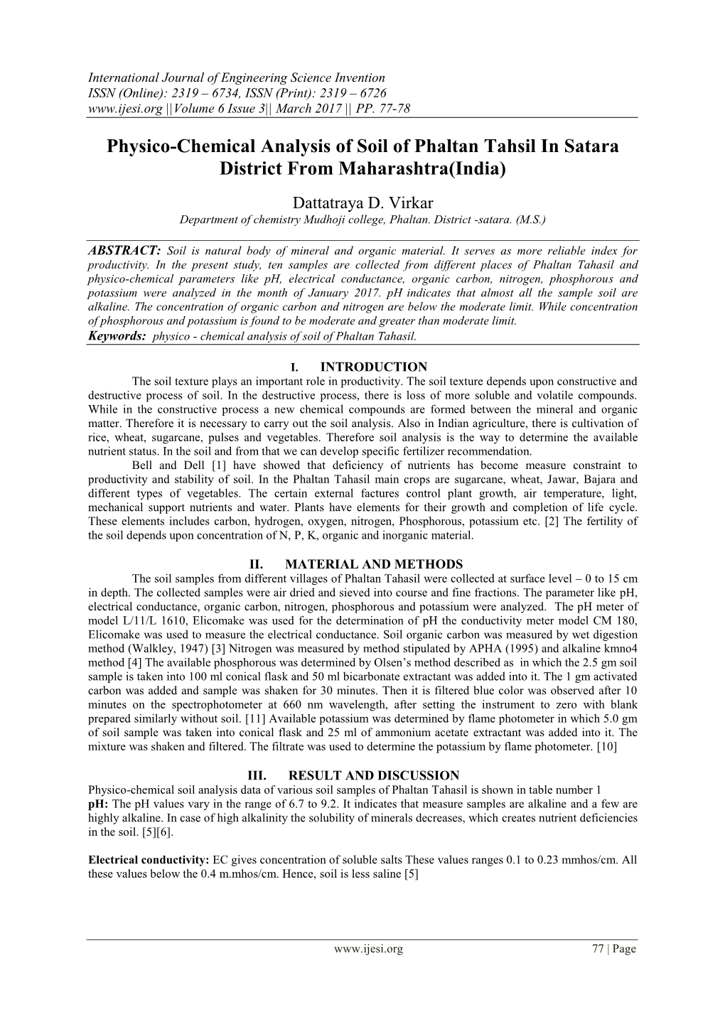 Physico-Chemical Analysis of Soil of Phaltan Tahsil in Satara District from Maharashtra(India)