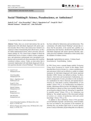 Social Thinking®: Science, Pseudoscience, Or Antiscience?