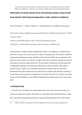 Fabrication of Sharp Atomic Force Microscope Probes Using In-Situ Local Electric Field Induced Deposition Under Ambient Conditions