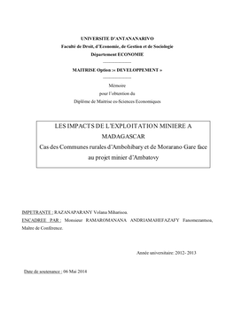 LES IMPACTS DE L'exploitation MINIERE a MADAGASCAR Cas