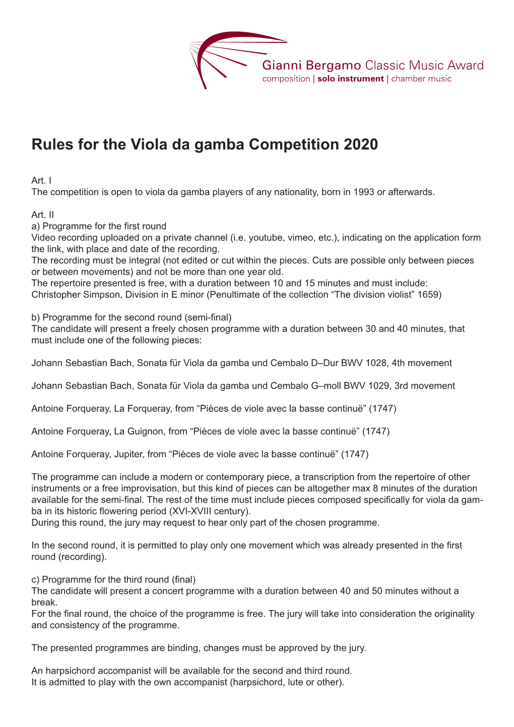 Rules for the Viola Da Gamba Competition 2020