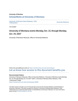 University of Montana Events Monday, Oct. 22, Through Monday, Oct