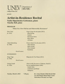 Artist-In-Residence Recital Nadia Shpachenko-Gottesman, Piano Timothy Hoft, Piano
