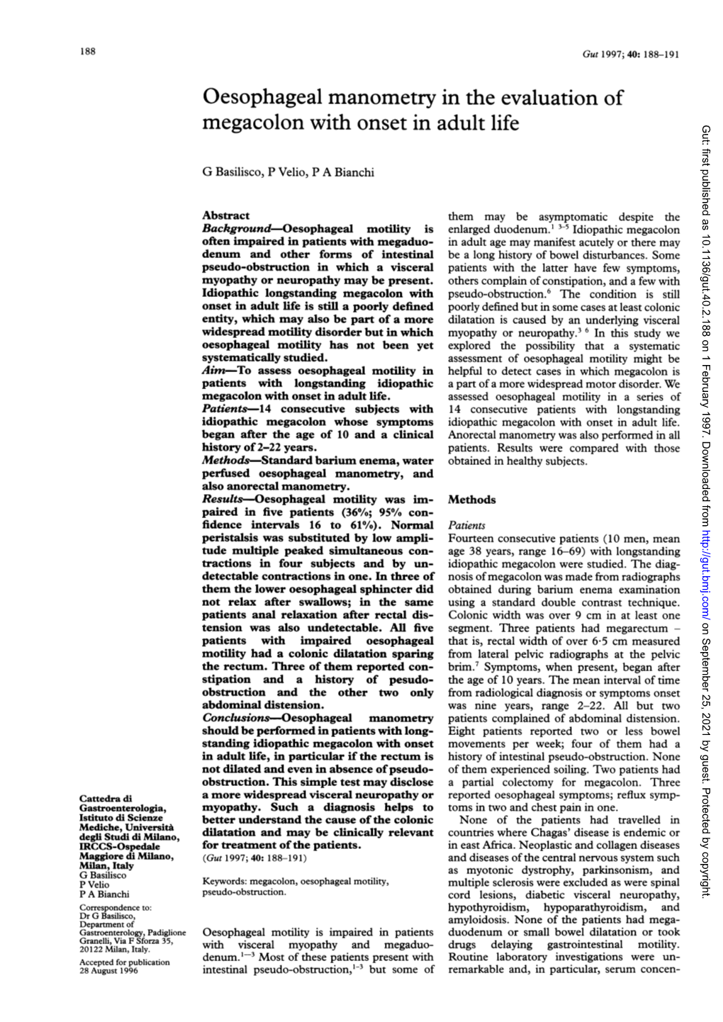 Oesophageal Manometry in the Evaluation of Megacolon with Onset in Adult Life