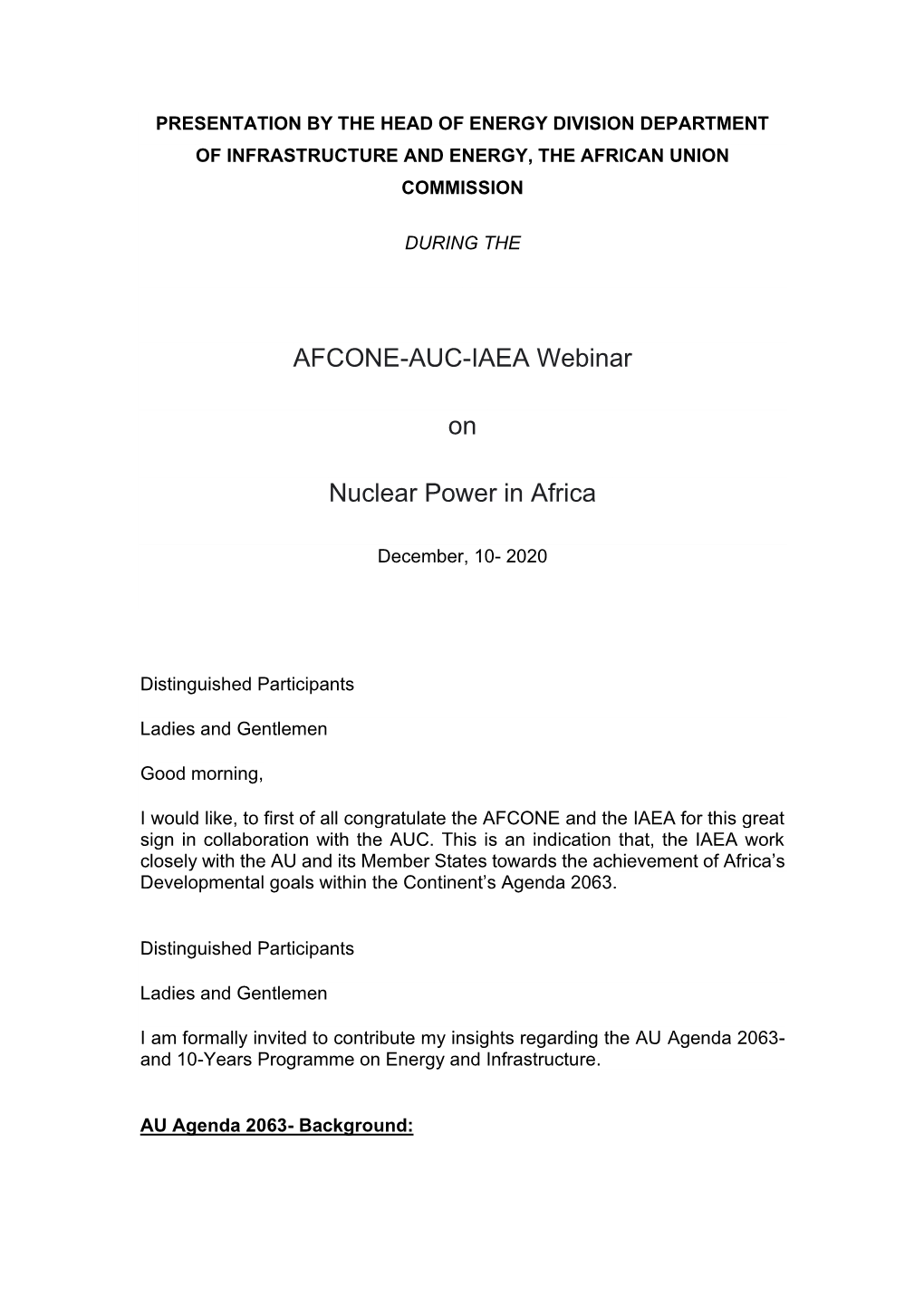 AFCONE-AUC-IAEA Webinar on Nuclear Power in Africa