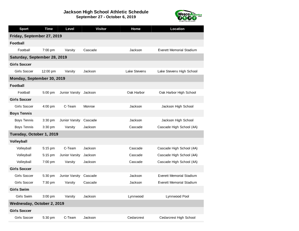 Jackson High School Athletic Schedule September 27 - October 6, 2019