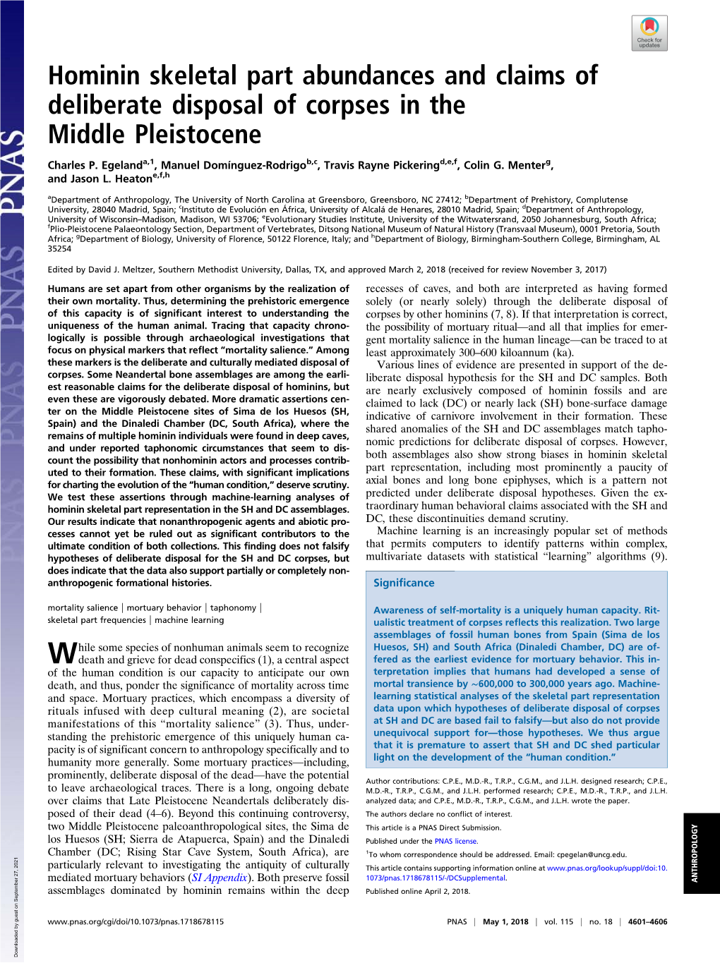 Hominin Skeletal Part Abundances and Claims of Deliberate Disposal of Corpses in the Middle Pleistocene