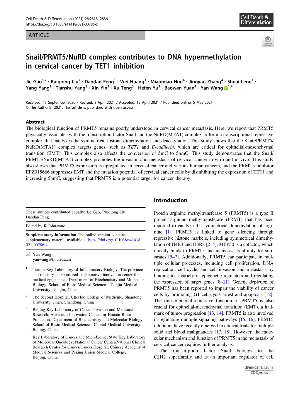 Snail/PRMT5/Nurd Complex Contributes to DNA Hypermethylation in Cervical Cancer by TET1 Inhibition