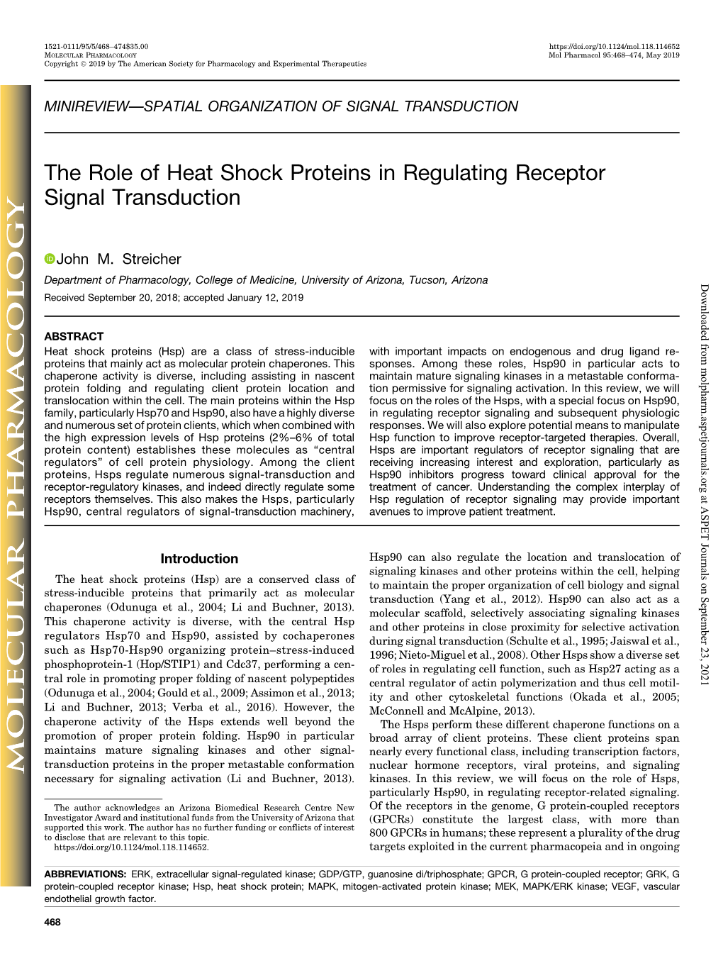 The Role of Heat Shock Proteins in Regulating Receptor Signal Transduction