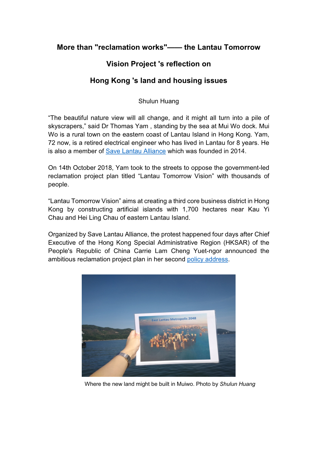 The Lantau Tomorrow Vision Project 'S Reflection on Hong Kong 'S Land
