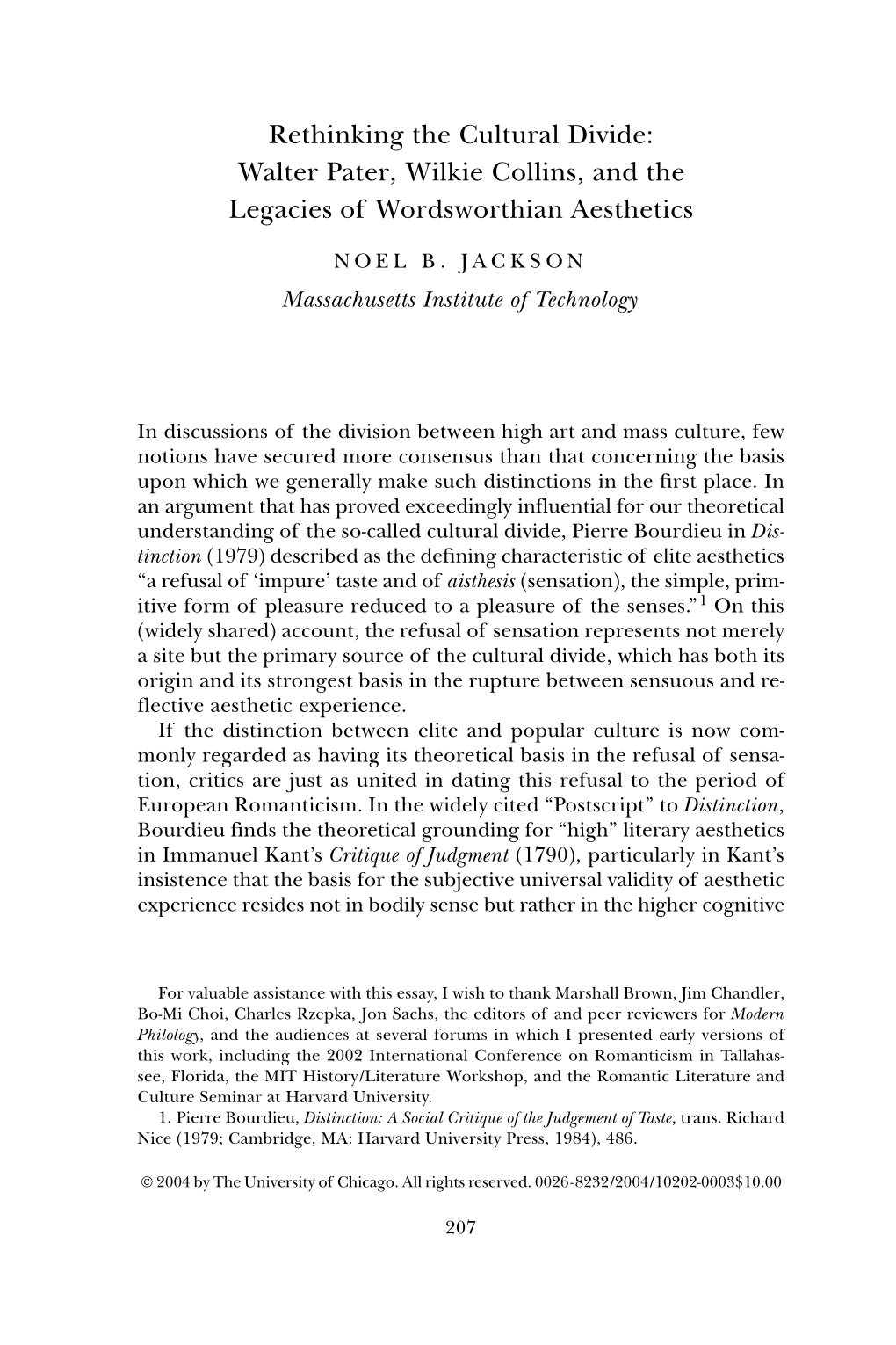 Rethinking the Cultural Divide: Walter Pater, Wilkie Collins, and the Legacies of Wordsworthian Aesthetics