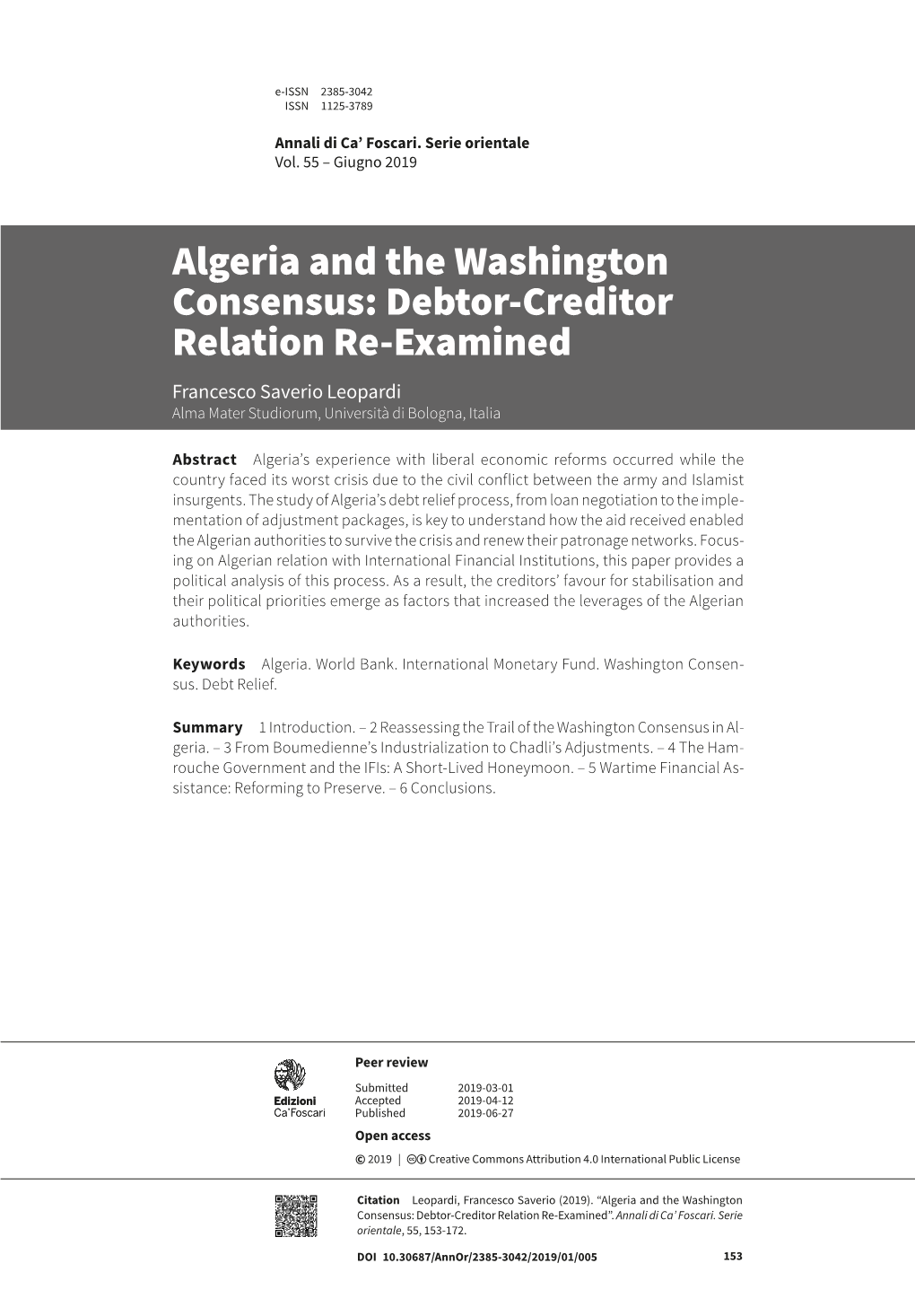 Algeria and the Washington Consensus: Debtor-Creditor Relation Re-Examined Francesco Saverio Leopardi Alma Mater Studiorum, Università Di Bologna, Italia