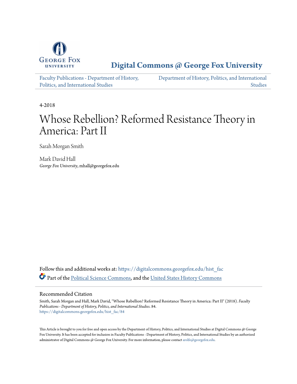 Whose Rebellion? Reformed Resistance Theory in America: Part II Sarah Morgan Smith