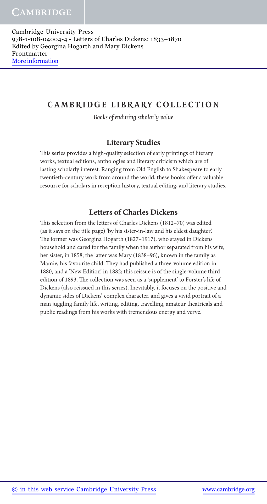 Letters of Charles Dickens: 1833–1870 Edited by Georgina Hogarth and Mary Dickens Frontmatter More Information