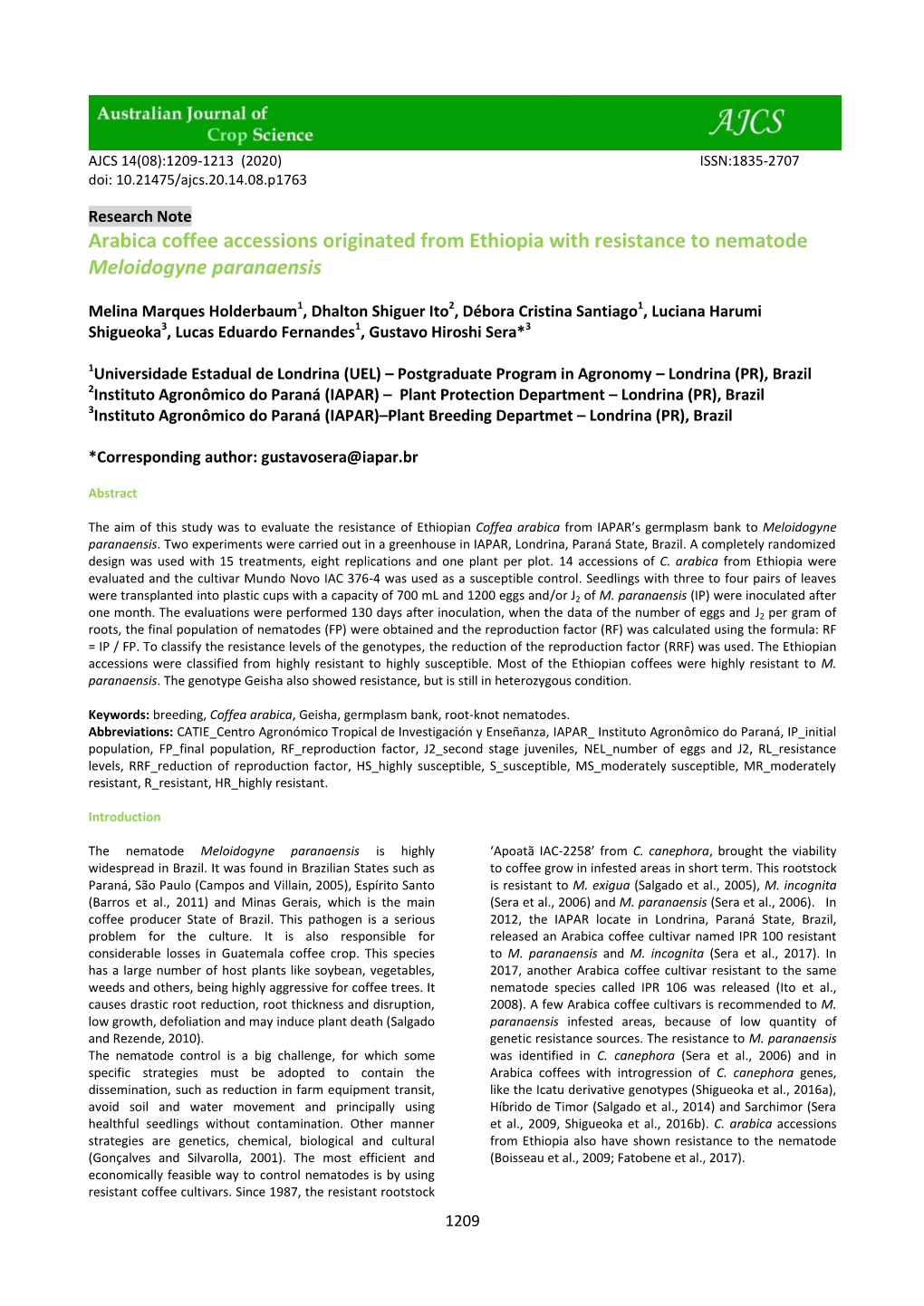 Arabica Coffee Accessions Originated from Ethiopia with Resistance to Nematode Meloidogyne Paranaensis