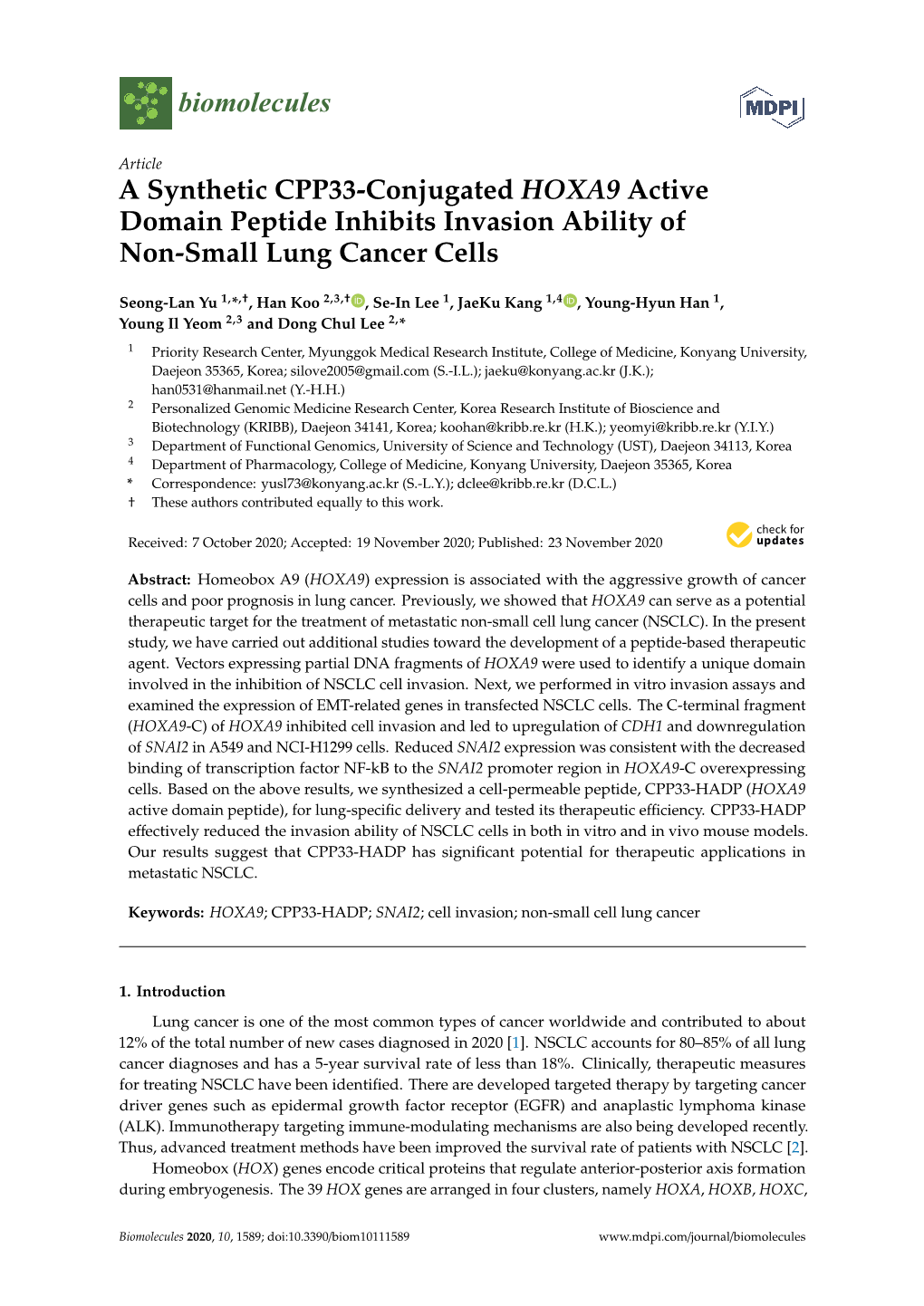 A Synthetic CPP33-Conjugated HOXA9 Active Domain Peptide Inhibits Invasion Ability of Non-Small Lung Cancer Cells