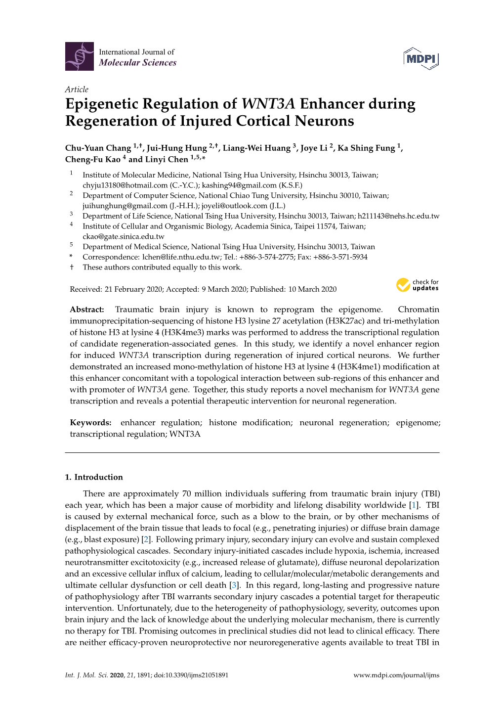 Epigenetic Regulation of WNT3A Enhancer During Regeneration of Injured Cortical Neurons