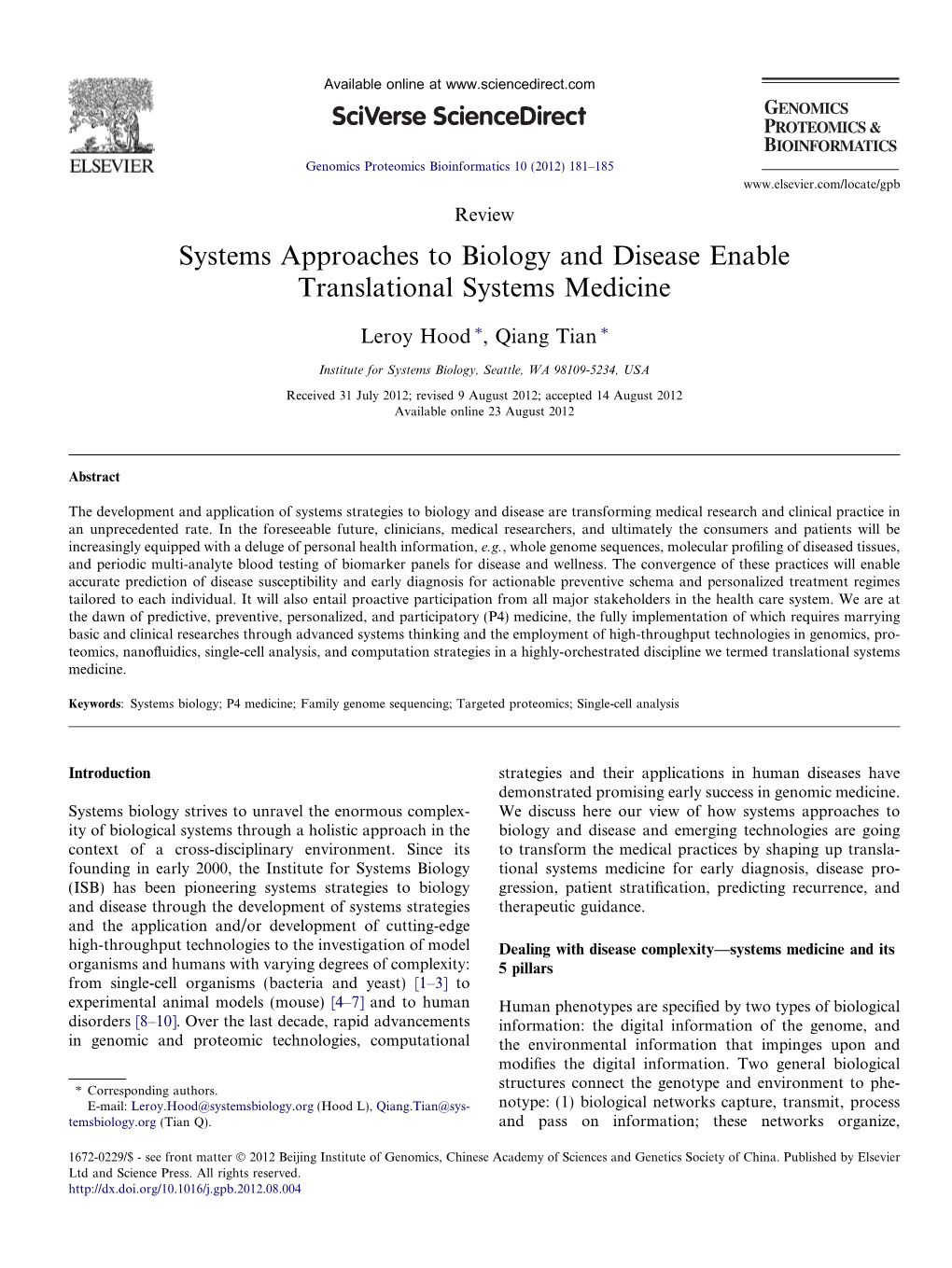Systems Approaches to Biology and Disease Enable Translational Systems Medicine