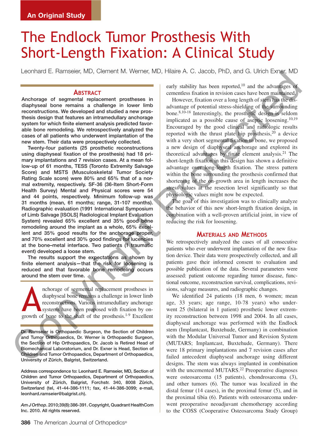 The Endlock Tumor Prosthesis with Short-Length Fixation: a Clinical Study