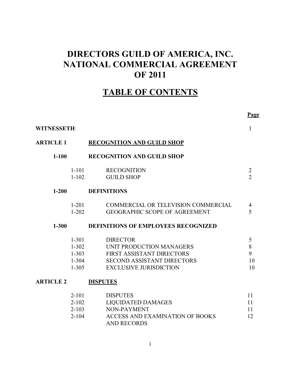 Directors Guild of America, Inc. National Commercial Agreement of 2011 Table of Contents