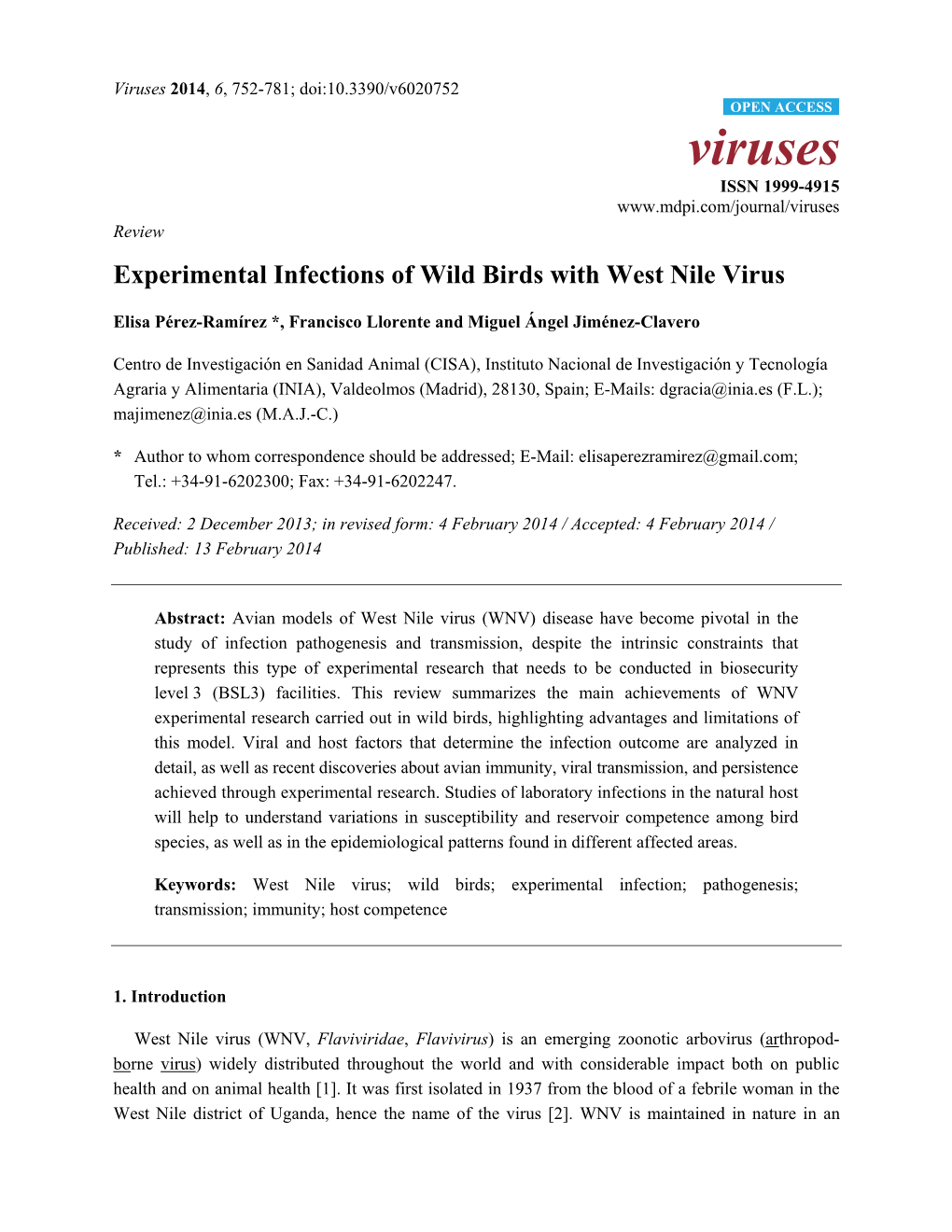 Experimental Infections of Wild Birds with West Nile Virus