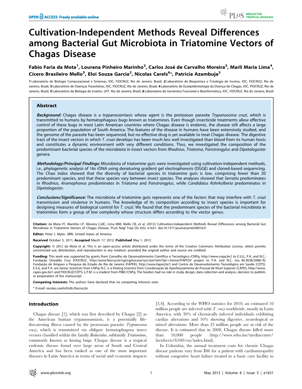 Cultivation-Independent Methods Reveal Differences Among Bacterial Gut Microbiota in Triatomine Vectors of Chagas Disease