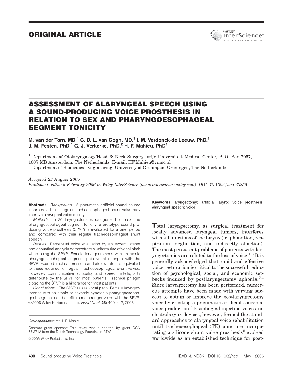Original Article Assessment of Alaryngeal Speech Using