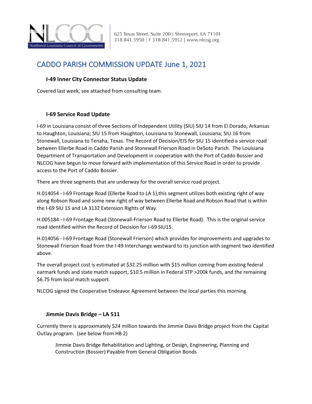 CADDO PARISH COMMISSION UPDATE June 1, 2021