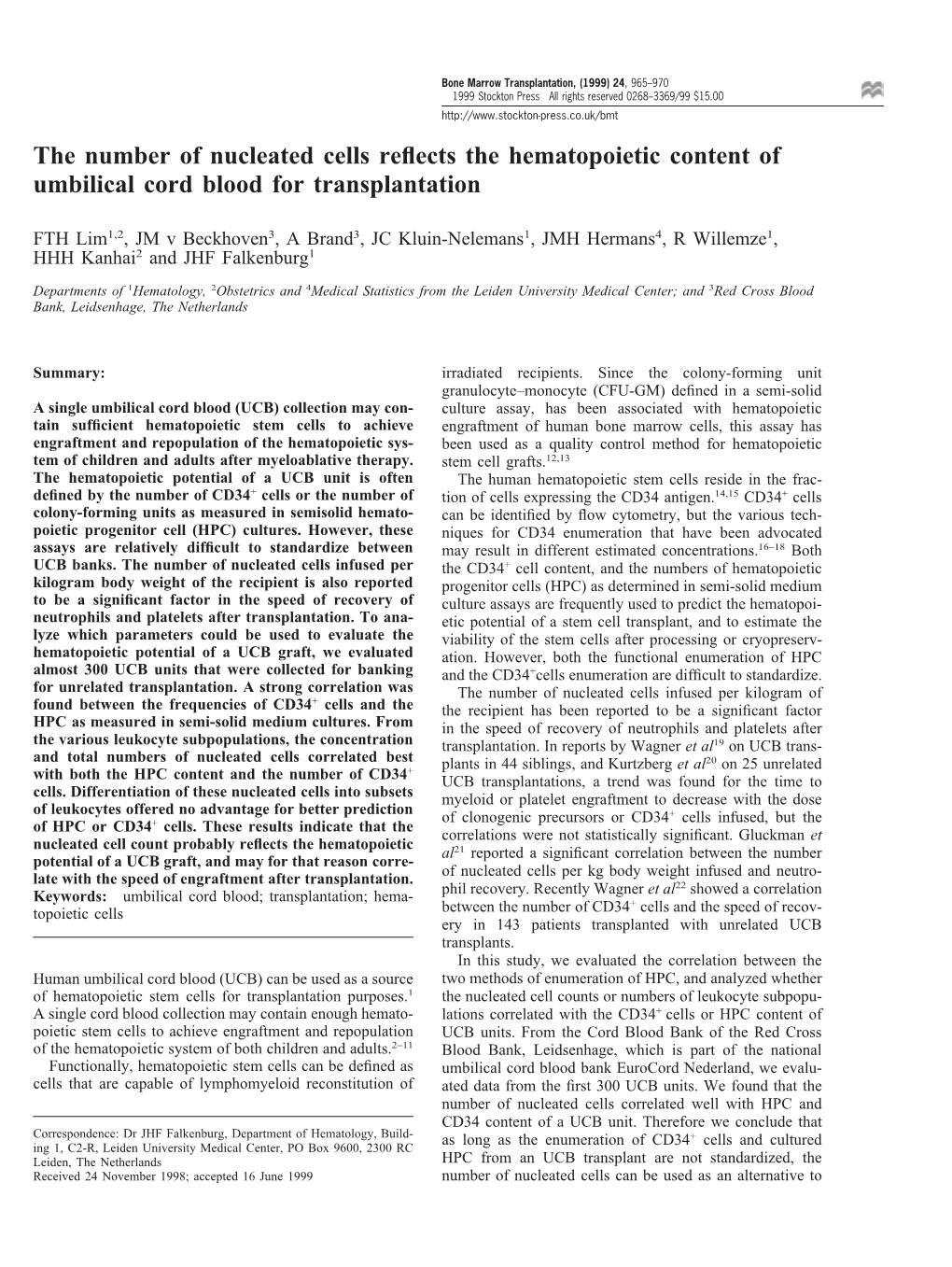 The Number of Nucleated Cells Reflects the Hematopoietic Content of Umbilical Cord Blood for Transplantation