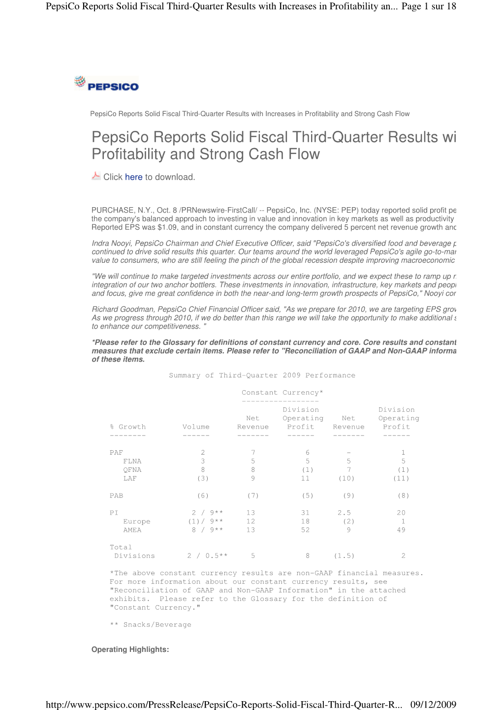 Pepsico Reports Solid Fiscal Third-Quarter Results With